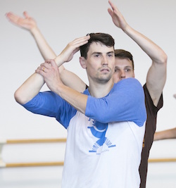 Hubbard Street Dancer Andrew Murdock, foreground, with Kevin J. Shannon in rehearsal for 'N.N.N.N.' by William Forsythe