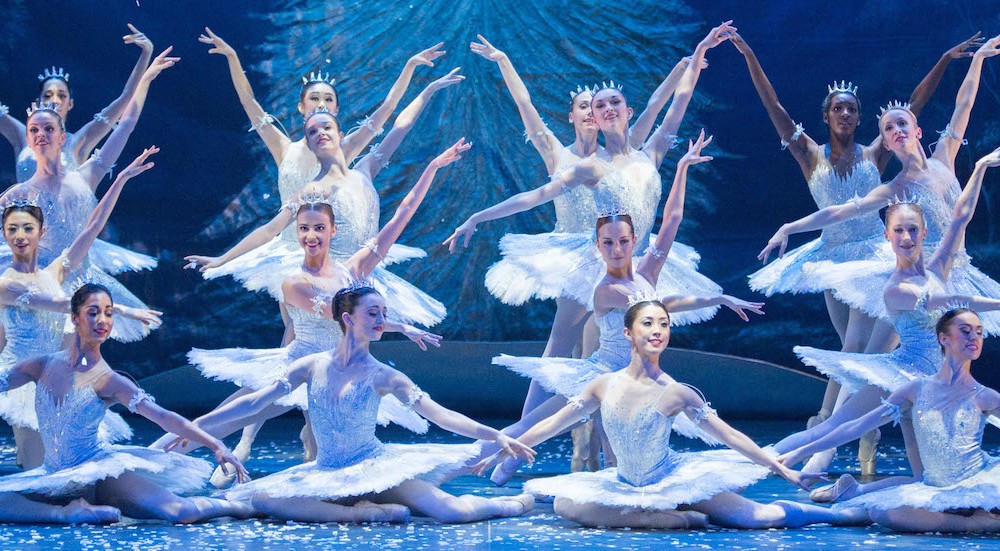 Snowflakes dance during English National Ballet's dress rehearsal of 'The Nutcracker' at the Coliseum Theatre, London. Photo by Arnaud Stephenson.