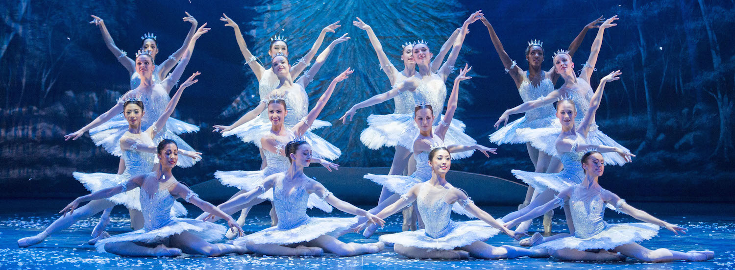 Snowflakes dance during English National Ballet's dress rehearsal of 'The Nutcracker' at the Coliseum Theatre, London. Photo by Arnaud Stephenson.