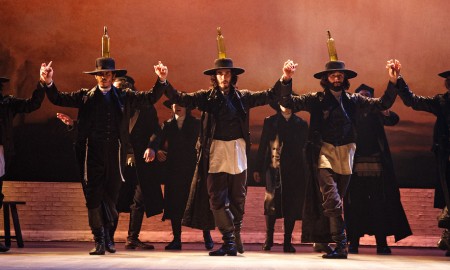 Jesse Kovarsky, Jacob Guzman, Reed Luplau, Brandt Martinez, Eric Bourne in the Bottle Dance from 'Fiddler on the Roof'. Photo by Joan Marcus.