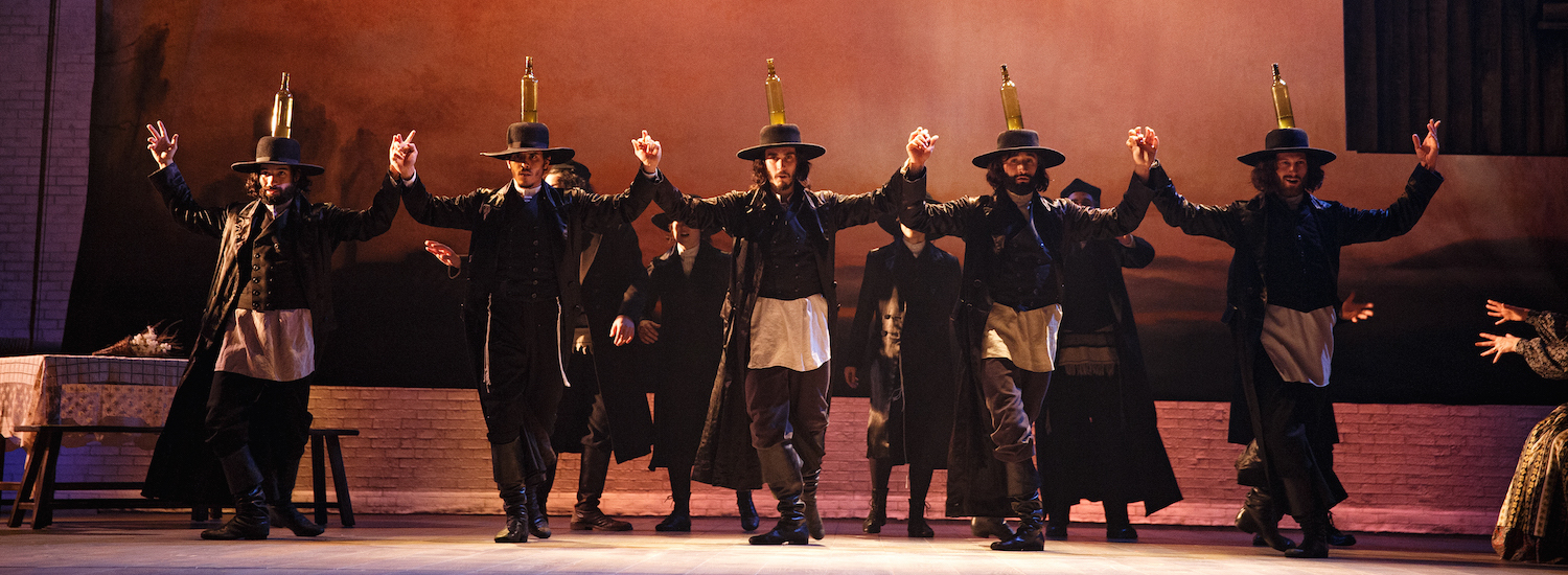 Jesse Kovarsky, Jacob Guzman, Reed Luplau, Brandt Martinez, Eric Bourne in the Bottle Dance from 'Fiddler on the Roof'. Photo by Joan Marcus.