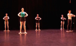 Towson University dance majors integrating rotator discs into classwork to enhance turnout. Photo by David Merino.