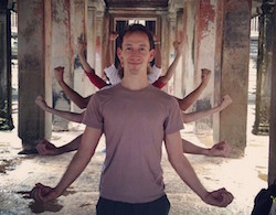 DanceMotion USA Mark Morris Dance Group Residency, Cambodia, MMDG Dancers Posing like Buddhist God. Photo courtesy of MMDG.