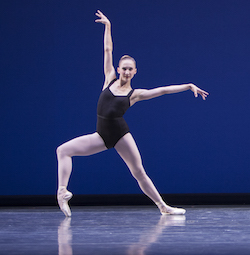 Pacific Northwest Ballet principal dancer Elizabeth Murphy in Agon, choreography by George Balanchine, copyright of The George Balanchine Trust. Photo by Angela Sterling.