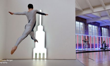 Brandon Collwes (jumping) of the Merce Cunningham Dance Company performs Beacon Event (2009) at Dia:Beacon in Beacon, NY. Photo by Stephanie Berger.