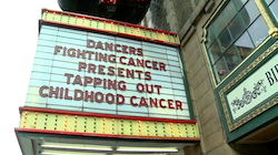 Tapping Out Childhood Cancer marquee at Alabama Theatre. Photo courtesy of the Swader family.