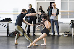 Stager Kathryn Bennetts, choreographer William Forsythe, Patrick Yocum, and Misa Kuranaga in rehearsal for 'Artifact'. Photo by Liza Voll, courtesy of Boston Ballet.