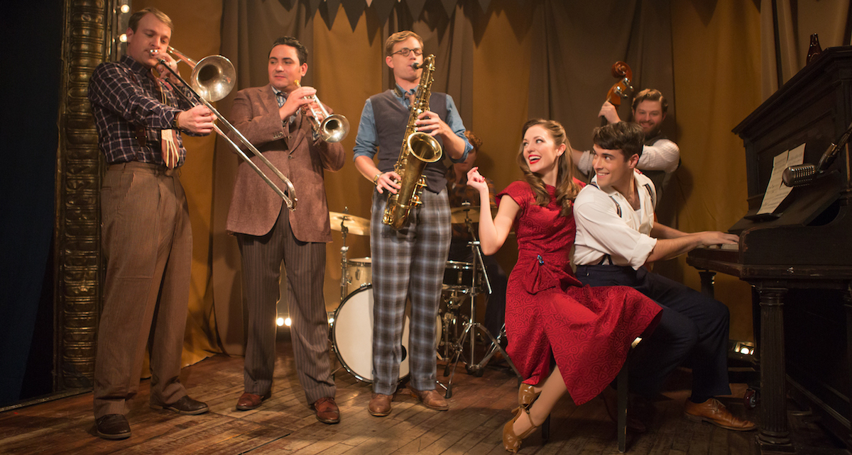 'Bandstand' cast members Geoff Packard, Joey Pero, James Nathan Hopkins, Laura Osnes, Corey Cott and Brandon James Ellis. Photo by Jeremy Daniel.