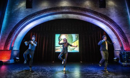 Derick K. Grant, Dormeshia Sumbry-Edwards and Jason Samuels Smith in Samuels Smith's 'Going the Miles' at Harlem Stage. Photo by Marc Millman, courtesy of Divine Rhythm Productions.