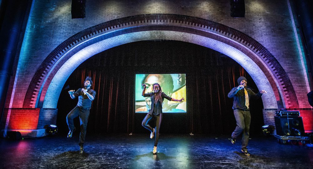 Derick K. Grant, Dormeshia Sumbry-Edwards and Jason Samuels Smith in Samuels Smith's 'Going the Miles' at Harlem Stage. Photo by Marc Millman, courtesy of Divine Rhythm Productions.