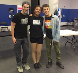 Danny Kornfeld, right, and Tim Ehrlich, left, of Rent with a student after teaching Broadway Connection class at In Sync Center for the Arts. Photo courtesy of BC