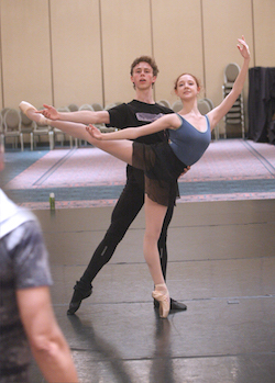 Claudio rehearsing then-HBII students, Jack Thomas and Madison Young, for the Final Awards Gala. Photo by Scott Gill.