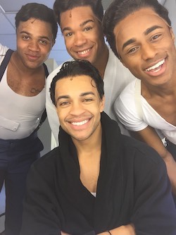 Noah Ricketts (sitting) backstage at 'Beautiful' with fellow Drifters right before heading to the stage for 'On Broadway'