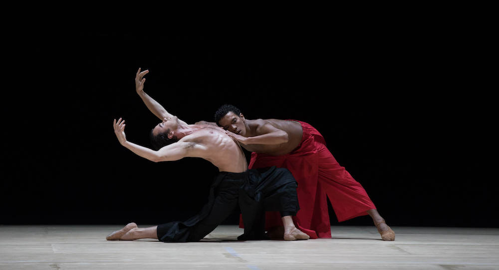 Paulo Arrais and Irlan Silva in Wayne McGregor's 'Obsidian Tear'. Photo by Rosalie O'Connor, courtesy of Boston Ballet.