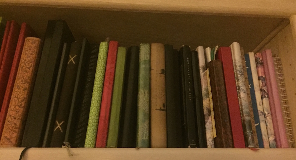 Wendy Joy's shelf of journals. Photo courtesy of Joy.