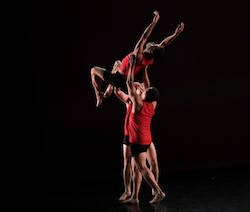 Peter Cheng held aloft by Chazz Fenner-McBride and Daniel Pigliavento in 'Undercurrent'. Photo by Dmitry Beryozkin.