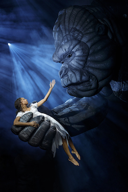 Christiani Pitts as Ann Darrow and King Kong. Photo by Joan Marcus.