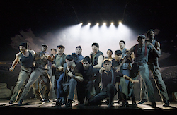 (L-R): Ashley Andrews, James T. Lane, Mike Baerga (back), David Yijae, Harley Jay (front), Danny Miller, Jacob Williams (front), Marty Lawson, Peter Chursin (front), Roberto Olvera (back), Gabe Hyman, Casey Garvin (back), Jovan Dansberry, Rhaamell Burke-Missouri. Photo by Joan Marcus.