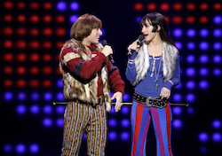 Jarrod Spector as Sonny Bono and Micaela Diamon as Babe in 'The Cher Show' on Broadway. Photo by Joan Marcus.