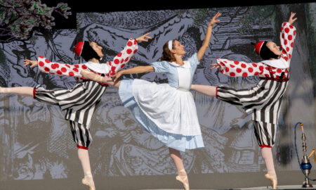 Grace Byars, Brooke Difrancesco and Jenna Torgeson in Island Moving Company's 'Alice in Wonderland'. Photo by Kim Fuller.