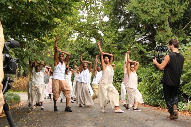 Filming Alvin Ailey American Dance Theater in 'Testament' by Matthew Rushing, Clifton Brown and Yusha-Marie Sorzano at Wave Hill Public Garden and Culture Center. Photo by Nicole Tintle.