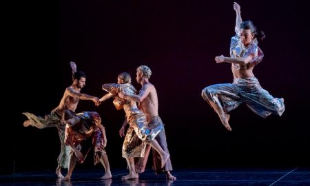 Trisha Brown Dance Company's Marc Crousillat, Amanda Kmett’pendry, Kimberly Fulmer, Stuart Shugg and Cecily Campbell in 'Foray Forêt'. Photo by Stephanie Berger.