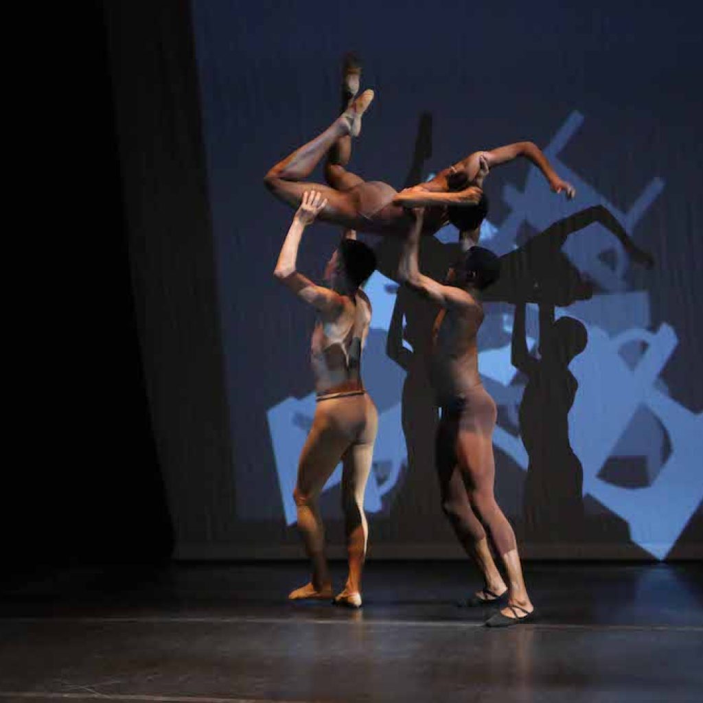 Felice Lesser Dance Theater in 'Lightning'. Photo by Gerry Goodstein, backgound video by Felice Lesser.