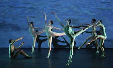Felice Lesser Dance Theater in 'Lightning'. Photo by Gerry Goodstein, background video by Felice Lesser.