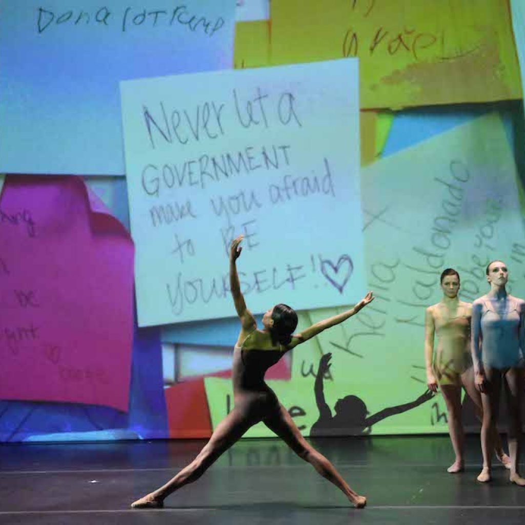 Felice Lesser Dance Theater in 'Lightning'. Photo by Gerry Goodstein, background video by Felice Lesser.