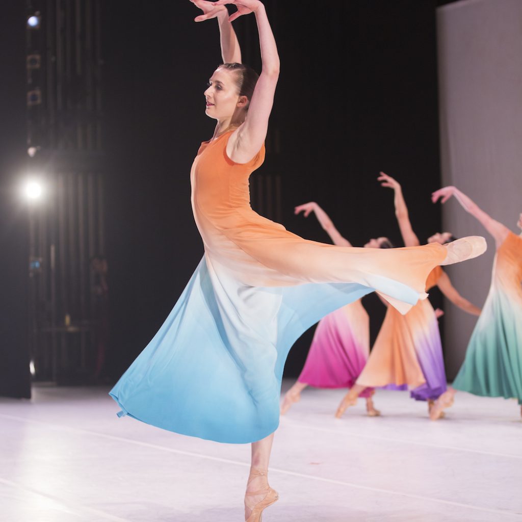 Pacific Northwest Ballet principal dancer Cecilia Iliesiu with company dancers in Jessica Lang’s 'Her Door to the Sky'. Photo by Angela Sterling.