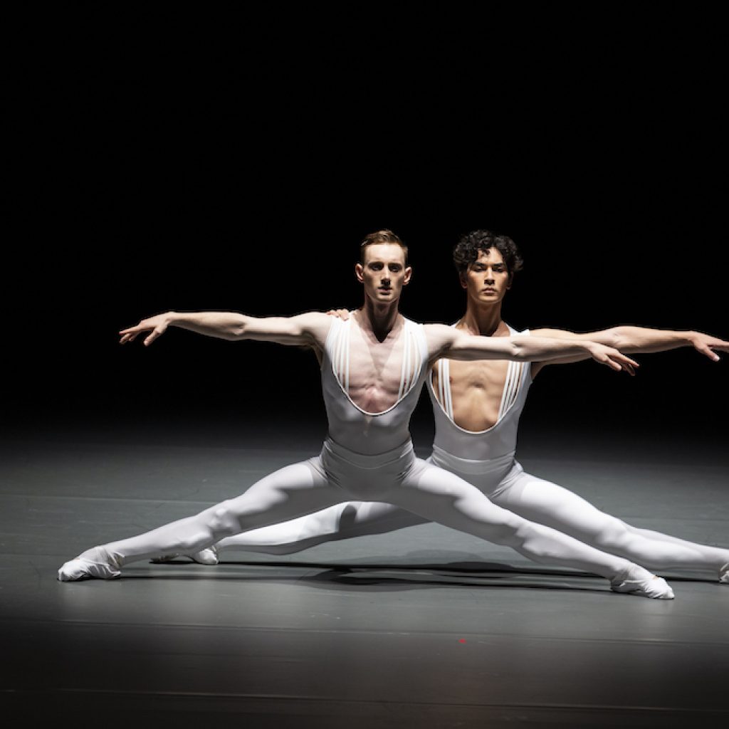 Pacific Northwest Ballet principal dancer James Kirby Rogers (with Christopher D’Ariano) in Ulysses Dove’s 'Dancing on the Front Porch of Heaven'. Photo by Angela Sterling.