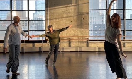 Bebe Miller, Angie Hauser and Darrell Jones rehearsing 'Tether' (2022) at Baryshnikov Arts Center. Photo by Lila Hurwitz.