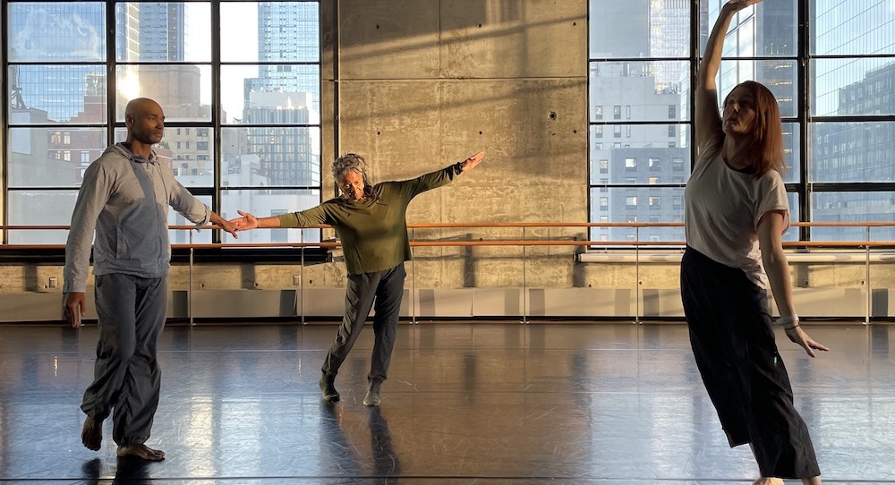 Bebe Miller, Angie Hauser and Darrell Jones rehearsing 'Tether' (2022) at Baryshnikov Arts Center. Photo by Lila Hurwitz.