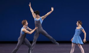 KJ Takahashi with Joseph Gordon and Indiana Woodward in Alexei Ratmansky's 'Concerto DSCH'. Photo by Erin Baiano.