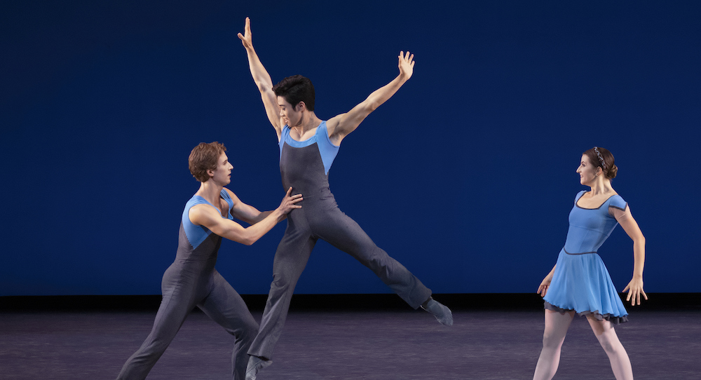 KJ Takahashi with Joseph Gordon and Indiana Woodward in Alexei Ratmansky's 'Concerto DSCH'. Photo by Erin Baiano.