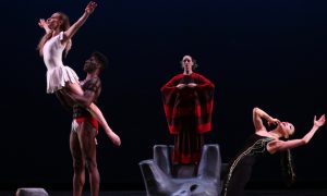 Martha Graham Dance Company's Marzia Memoli, Lloyd Knight, Anne Souder and Xin Ying in Martha Graham's 'Cave of the Heart'. Photo by Melissa Sherwood.