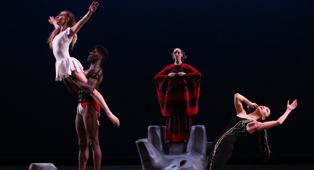 Martha Graham Dance Company's Marzia Memoli, Lloyd Knight, Anne Souder and Xin Ying in Martha Graham's 'Cave of the Heart'. Photo by Melissa Sherwood.