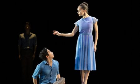 Newly-promoted Pacific Northwest Ballet soloists Kuu Sakuragi and Clara Ruf Maldonado in Donald Byrd’s Love and Loss. Photo by Angela Sterling.