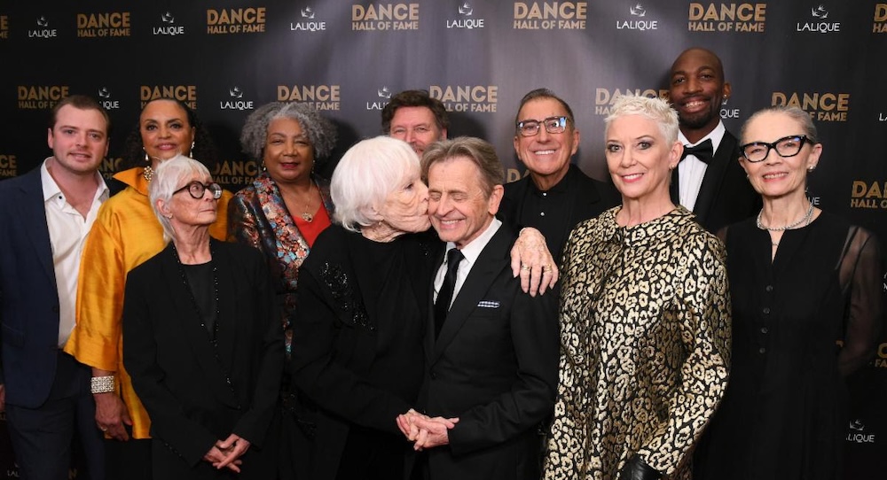 Shirley MacLaine plants a kiss on fellow honoree, friend and 'The Turning Point' co-star Mikhail Baryshnikov at the inaugural Dance Hall of Fame ceremony. Photo courtesy of Getty Images.