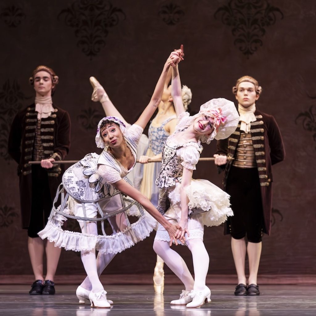 Pacific Northwest Ballet soloist Amanda Morgan and corps de ballet dancer Kali Kleiman as the Stepsisters in Kent Stowell’s 'Cinderella.' PNB brought back its production of the classic fairy tale for 10 performances at Seattle Center’s McCaw Hall, January 30 – February 8, 2026. Photo by Angela Sterling.