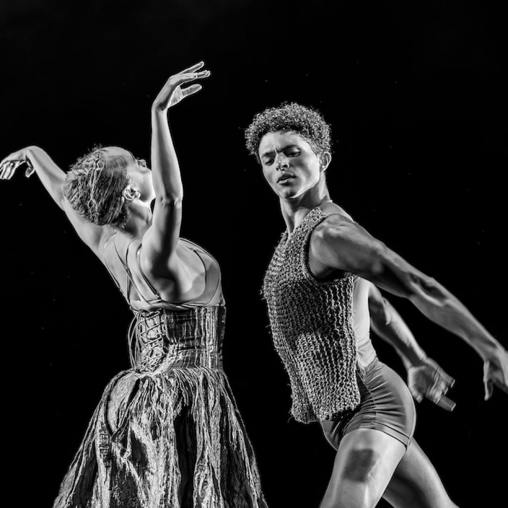 BA Modern Ballet students Nicolas Pereira da Silva and Ruby Ophelia Chisholm-Beyer perform in the 2025 ballet showcase at RCS. Photo by Andy Ross.