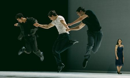 Ballet BC dancers Eduardo Jimenez Cabrera, Orlando Harbutt, Rae Srivastava in 'Obsidian' by Bobbi Jene Smith and Or Schraiber. Photo by Millissa Martin.