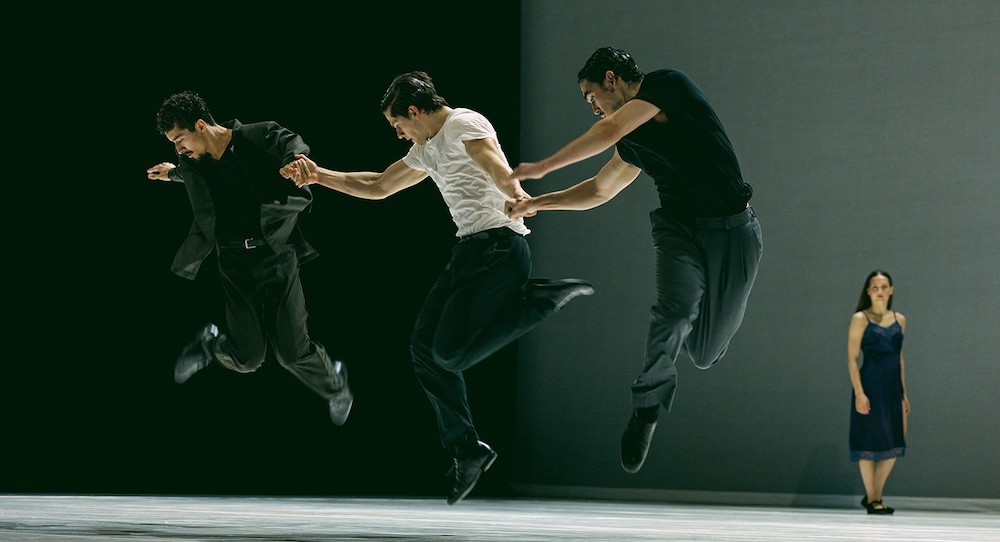 Ballet BC dancers Eduardo Jimenez Cabrera, Orlando Harbutt, Rae Srivastava in 'Obsidian' by Bobbi Jene Smith and Or Schraiber. Photo by Millissa Martin.