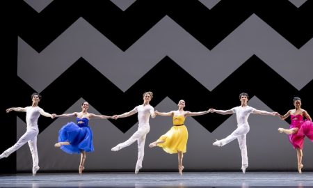 Pacific Northwest Ballet's Christopher D’Ariano, Sarah-Gabrielle Ryan, Dylan Wald, Elizabeth Murphy, Noah Martzall and Angelica Generosa in Jessica Lang's 'ZigZag.' Photo by Angela Sterling.