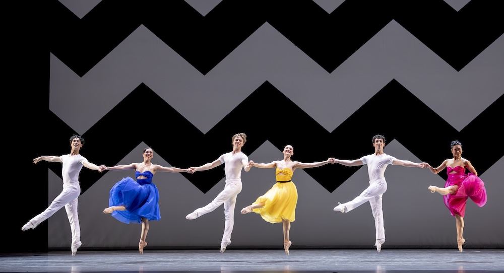 Pacific Northwest Ballet's Christopher D’Ariano, Sarah-Gabrielle Ryan, Dylan Wald, Elizabeth Murphy, Noah Martzall and Angelica Generosa in Jessica Lang's 'ZigZag.' Photo by Angela Sterling.